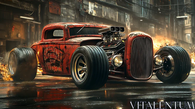 Rust-red hot rod powers through blazing urban street.