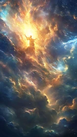 Celestial figure emerging through radiant cosmic storm clouds.