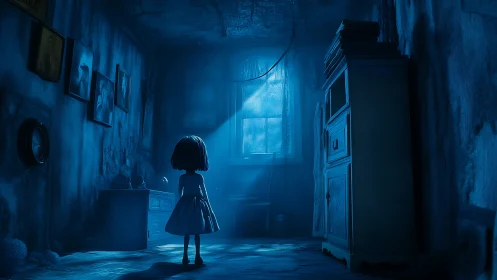 Cinematic blue-lit girl in decayed interior, digital painting.