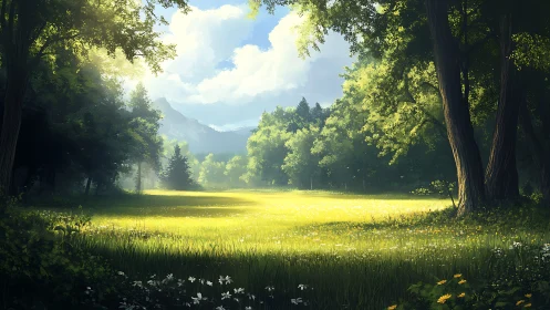 Sunlit forest meadow with soft atmospheric depth rendering.