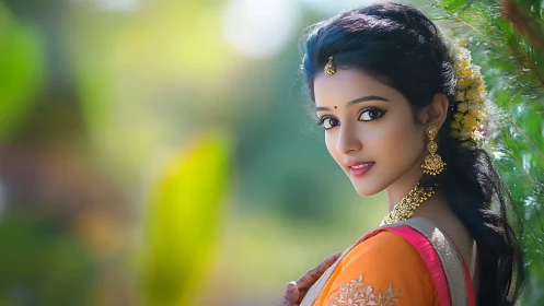 Graceful woman in bright saree glowing in soft garden light.