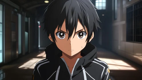 Black haired anime boy in corridor under directional light.