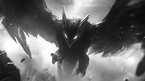 Armored avian creature in monochrome aerial descent scene.