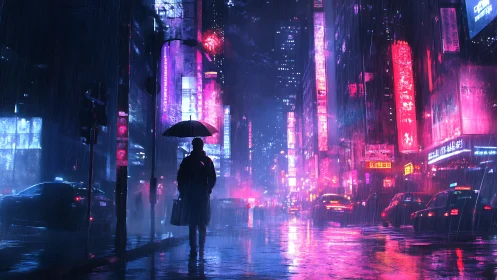 Solitary figure in neon rain on futuristic city avenue.