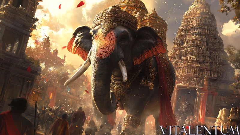 Regal temple elephant in cinematic festival procession scene.