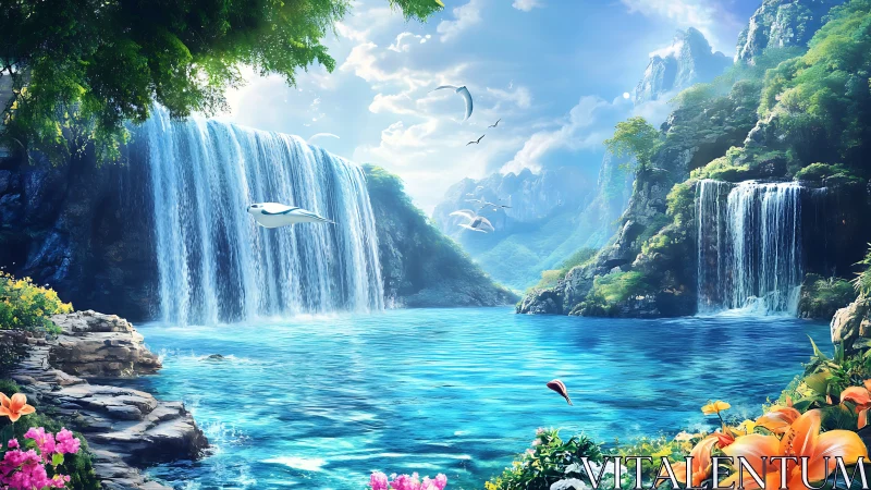 Dreamlike waterfall cove with bright blooms and soaring rays.