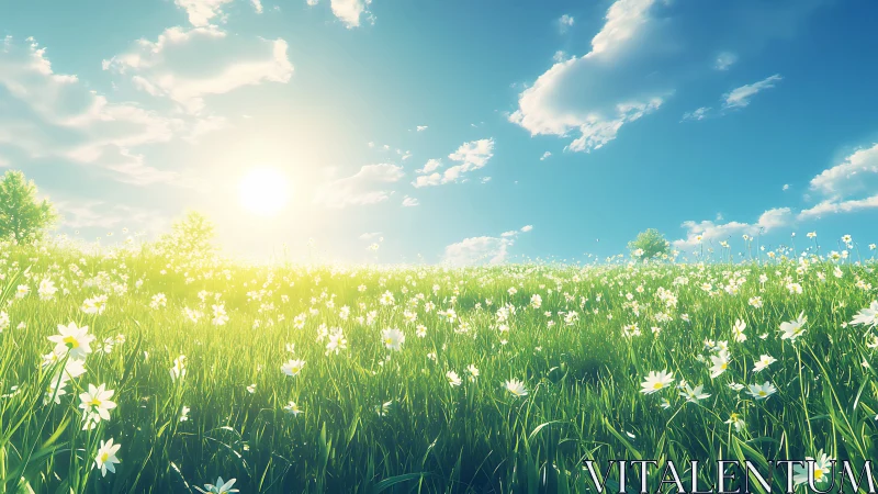 Sunlit meadow with white wildflowers under clear sky.