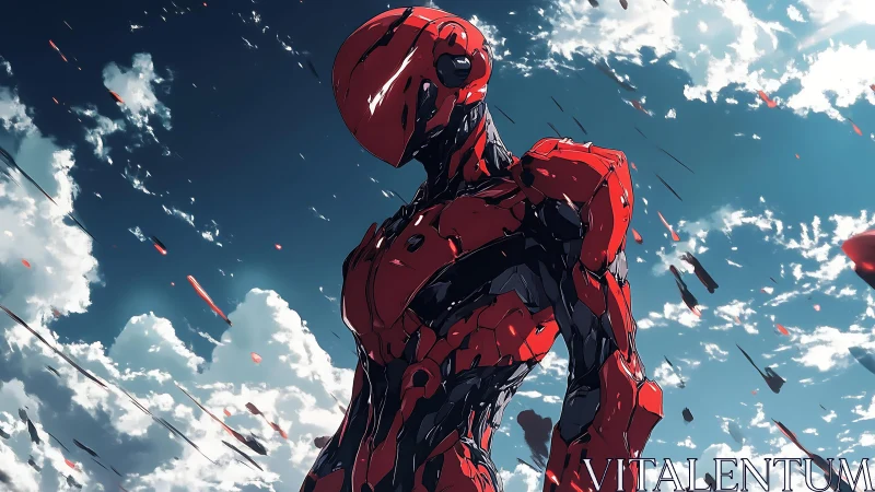 Red armored mecha stands against turbulent sky storm