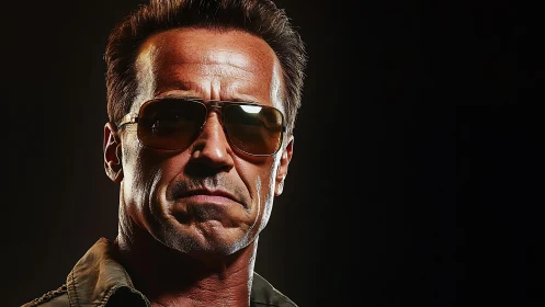 Stoic sunglasses portrait glowing with quiet intensity.