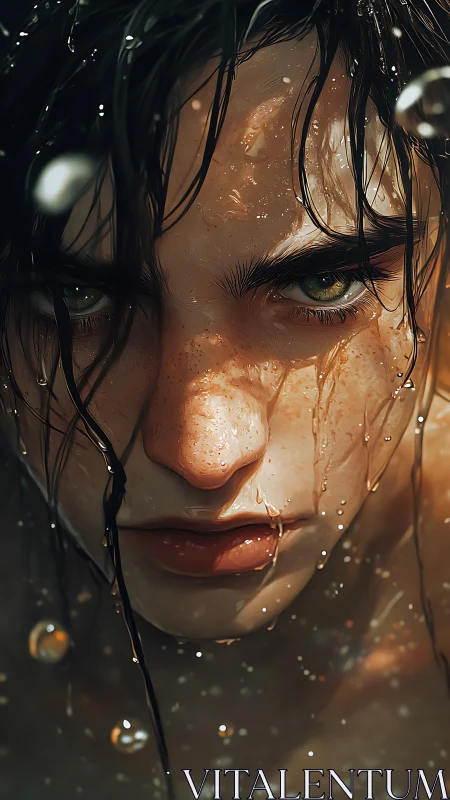 Wet close-up portrait of person with dark hair and freckles.