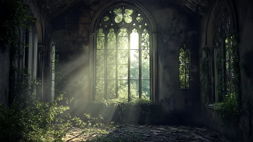 Light enters an overgrown gothic interior through tall windows