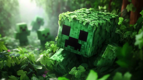 Leaf-covered voxel creature stalking through lush jungle foliage.