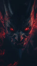 Horned demonic figure with glowing red eyes in darkness.