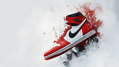Red and white high top sneaker in dynamic splash art.