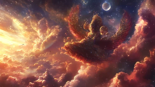 Celestial winged deity sailing through radiant cosmic clouds.