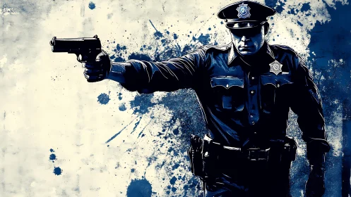 Police officer aiming handgun in blue ink-splatter style.