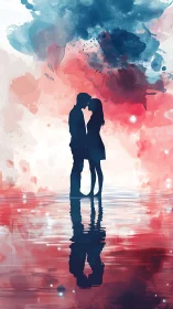 Couple Kissing Against Watercolor Sky and Reflection