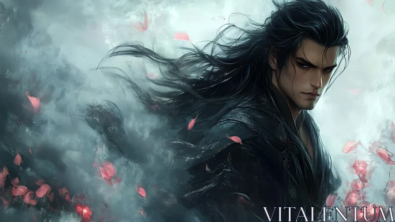 Storm-eyed warrior wrapped in wind, petals, and shadow.