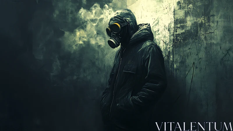 Hooded figure in gas mask stands in toxic urban chiaroscuro