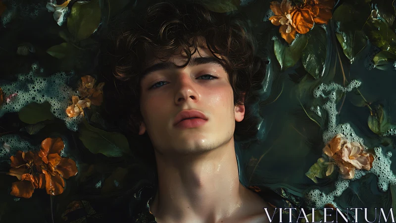 Young man lies in dark water surrounded by fading flowers