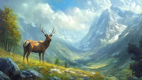 Solitary stag stands watch over a sunlit alpine valley