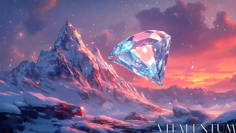 Prismatic diamond hovering above glacial mountain range at dusk