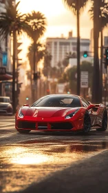Red supercar cruising through golden city sunset streets.