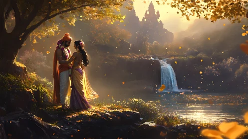 Divine lovers embrace beside a waterfall at golden dusk.