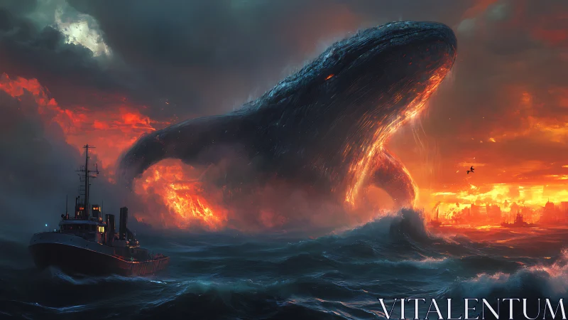 Colossal molten whale breaches near trawler under infernal sky