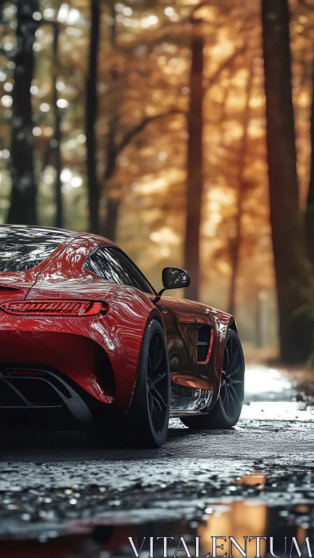 Red performance coupe on wet forest road at golden hour.