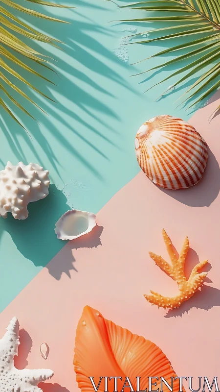 Seashells and coral rest on pastel beach backdrop