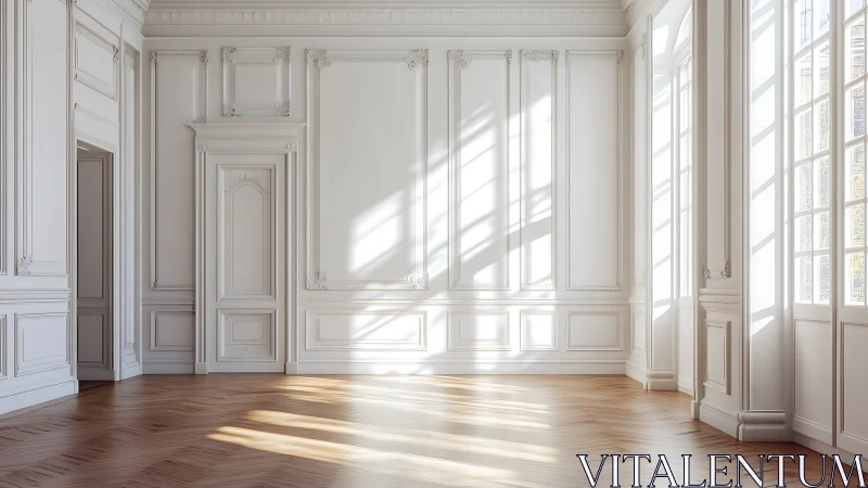 Sunlit neoclassical salon with panelled walls and herringbone floor.
