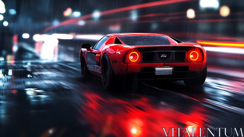 Red Ford GT accelerates through wet neon city street at night