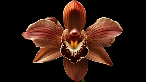 Macro orchid portrait on black with sculpted petal geometry.