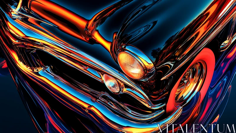Retro chrome car close-up with neon reflections and glow.