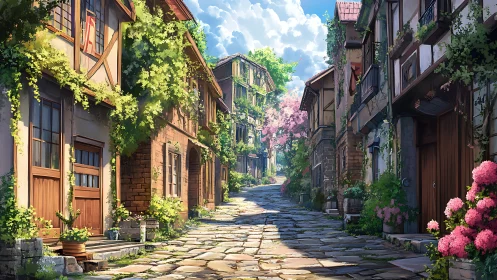 Sunlit cobblestone lane renders idyllic floral village perspective