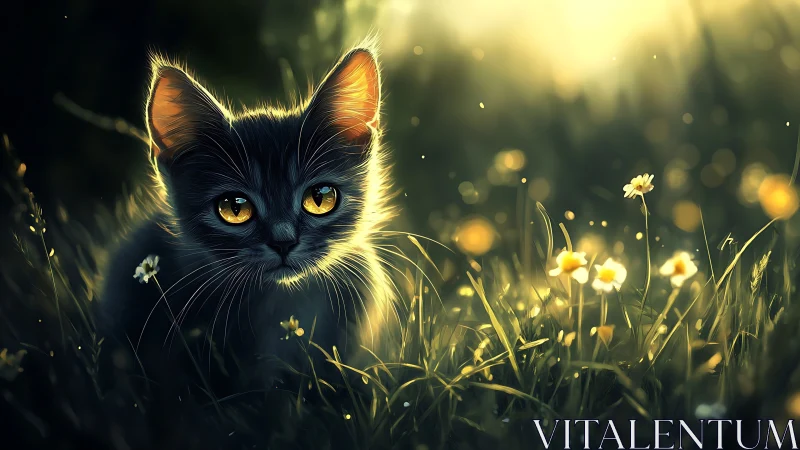Black Cat Golden Eyes Illuminated Meadow.