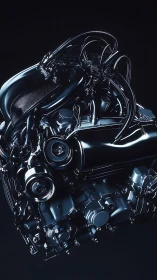 High-gloss turbocharged engine assembly under dramatic specular lighting