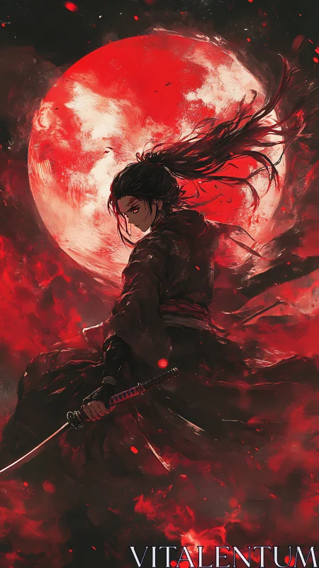 Samurai warrior stands before red moon in intense motion