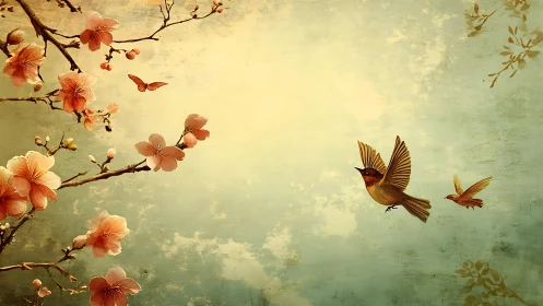 Songbirds glide through vintage sky among peach blossoms.