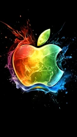 Iridescent liquid apple silhouette glows against deep black field