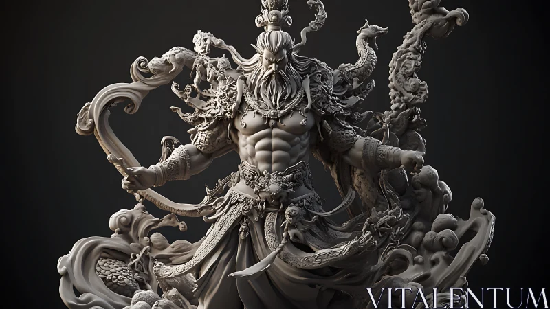 Mythic warrior sculpture in dynamic ornamental swirl.