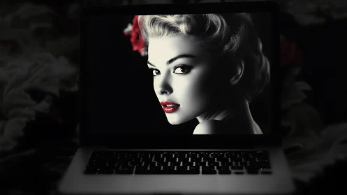Vintage style woman portrait displayed on open laptop screen.
