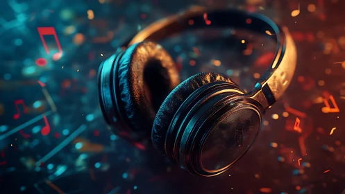 Closed-back headphones with bokeh particles and neon music glyphs