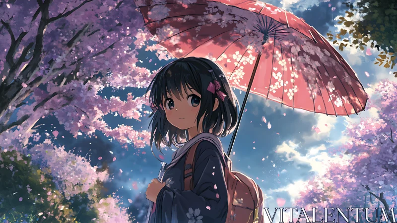 Girl with red umbrella under cherry blossoms outdoors.