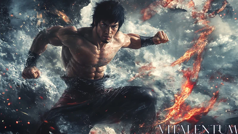 Martial artist channels elemental power in dynamic charge.