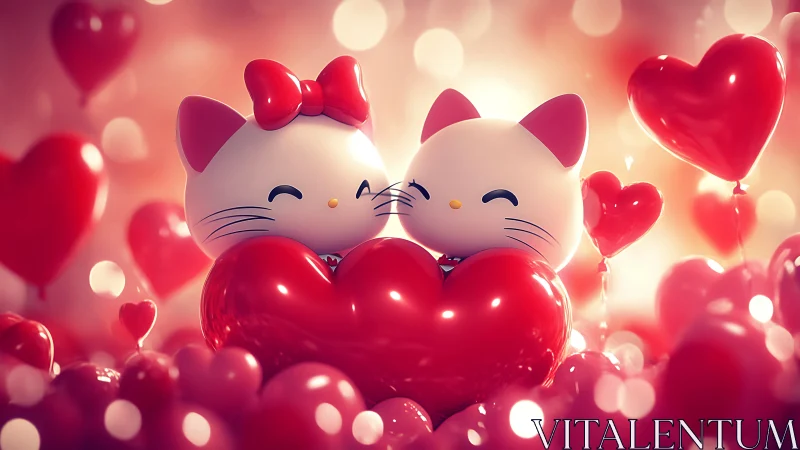 Twin Feline Figures with Heart Forms in Luminous Bokeh Environment.