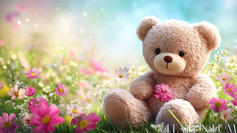 Sweet teddy bear resting in a dreamy meadow of wildflowers.