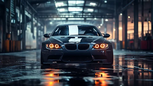 Photorealistic BMW coupe in cinematic wet industrial hangar.