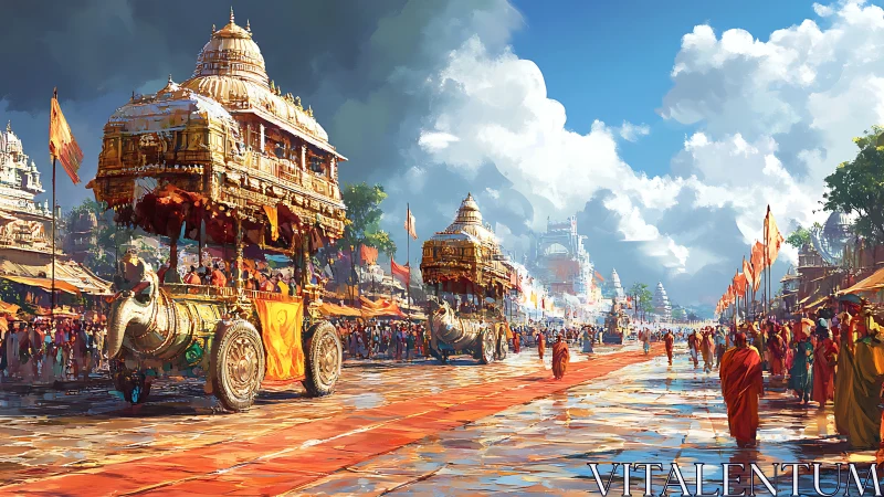 Golden temple chariots in vibrant ceremonial street procession.
